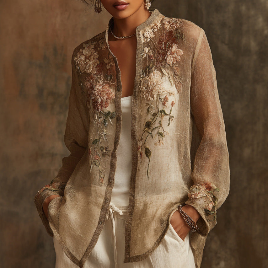 Women's Bohemian Floral Embroidered Linen Shirt