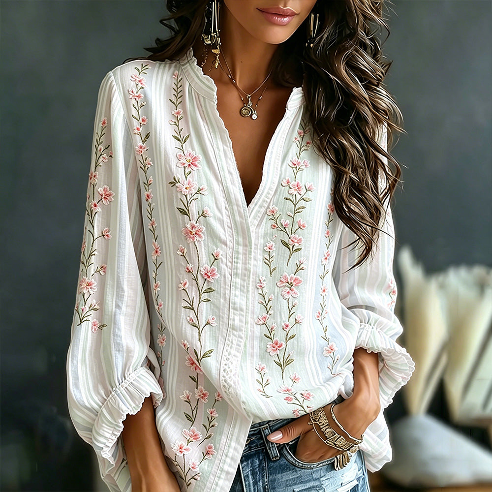 Women's Pink Floral Art Embroidery Spliced Striped Comfortable Cotton Linen V-neck Long Sleeve Top