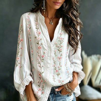 Women's Pink Floral Art Embroidery Spliced Striped Comfortable Cotton Linen V-neck Long Sleeve Top