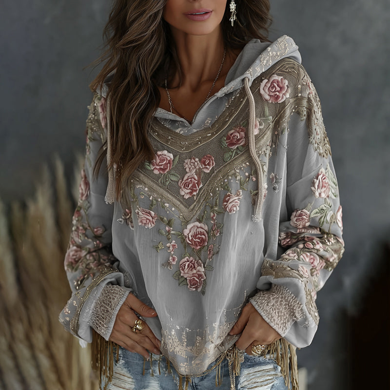 Women's Retro Floral Embroidered Art Print Flowy Linen Blend Casual Hoodie