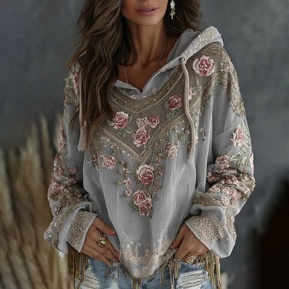 Women's Retro Floral Embroidered Art Print Flowy Linen Blend Casual Hoodie