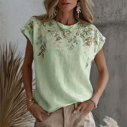 Women's Retro Floral Branch Art Print Linen Blend Crew Neck T-shirt