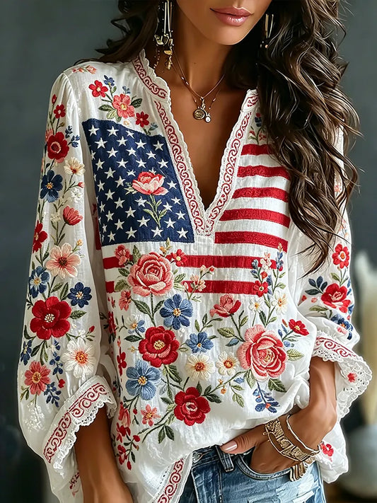 Vintage Floral Flag Art Cotton Linen V-neck Long Sleeve Top