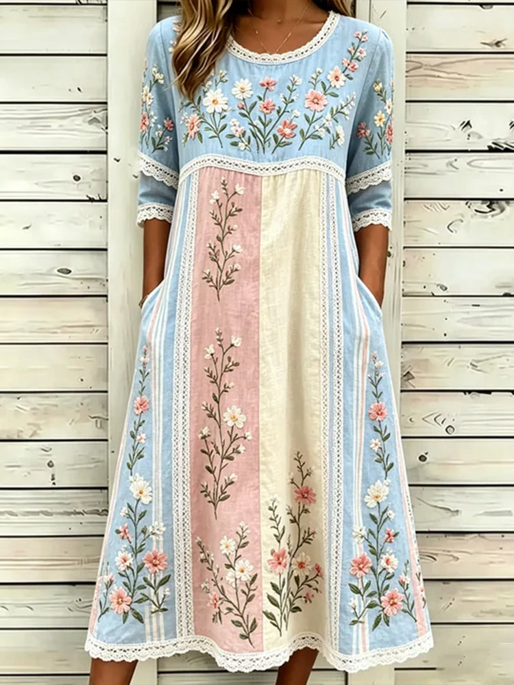 Women's Retro Floral Art Embroidered Patchwork Linen Blend Short Sleeve Dress