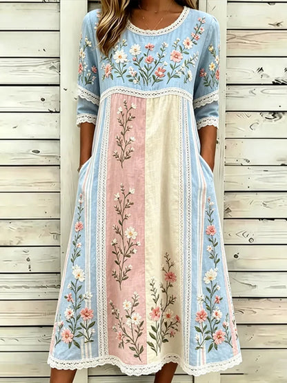 Women's Retro Floral Art Embroidered Patchwork Linen Blend Short Sleeve Dress