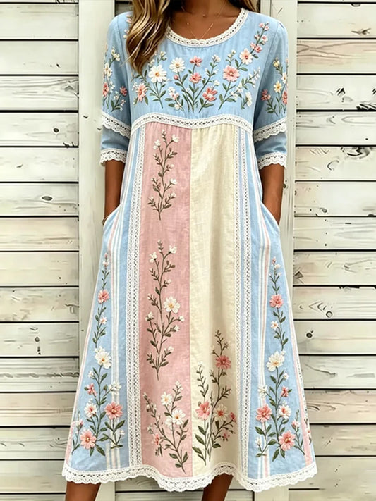 Women's Retro Floral Art Embroidered Patchwork Linen Blend Short Sleeve Dress