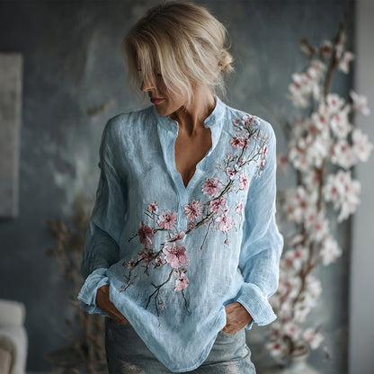 Women's Vintage Flowers Embroidered Linen Long Sleeve Shirt