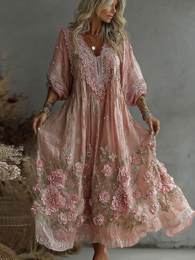 Women's Retro Floral Art Flowy Linen Blend Casual Long Sleeve Maxi Dress