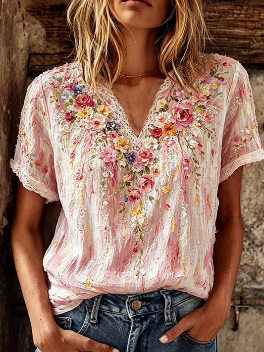 Vintage Spring/summer Floral And Lace Art Cotton Linen Colorful V-neck Short Sleeve Top