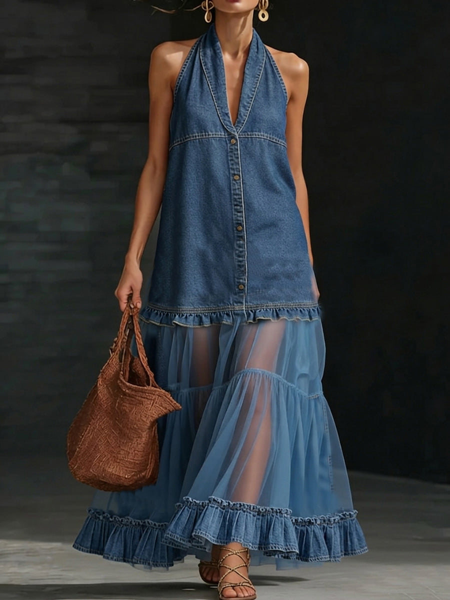 📦📦LAST DAY SAVE 49% ⏰Stylish Elegant Organza-Paneled Denim Maxi Dress