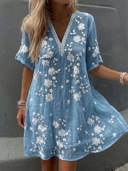 Women's Vintage Floral Print V-neck Short-sleeve Linen Dress