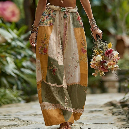 Women's Rose Floral Patchwork Casual Resort Linen Blend Pants