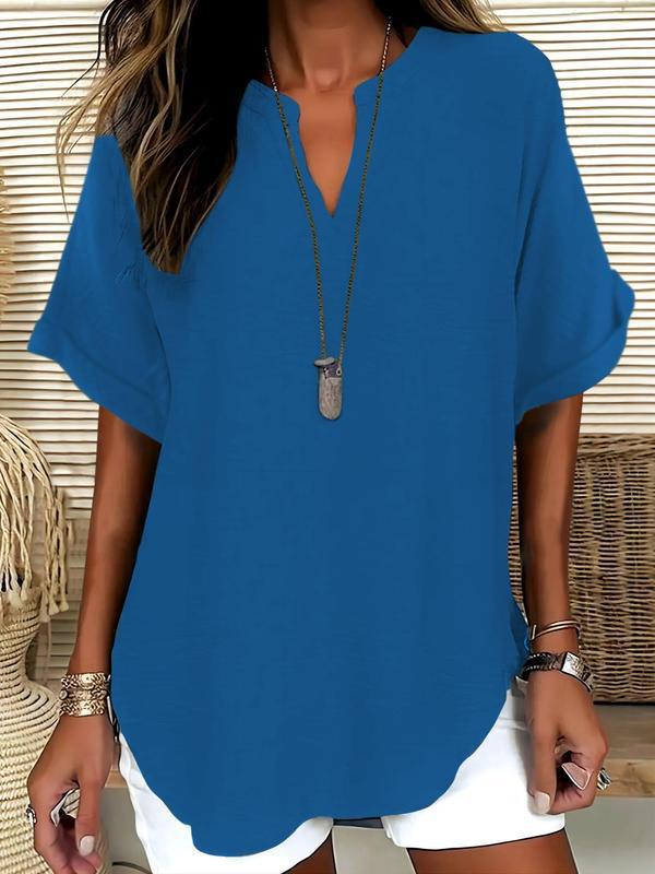 📦📦Women's Plain Short Sleeve Blouse, Casual Solid Color Top for Daily Wear, Ladies Clothes for All Seasons