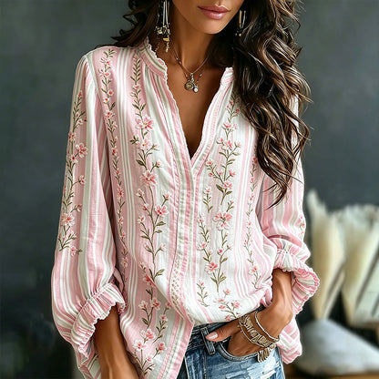 Women's Pink Floral Art Embroidery Spliced Striped Comfortable Cotton Linen V-neck Long Sleeve Top