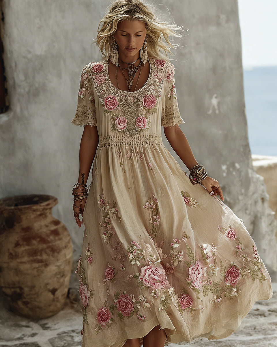 Women's Floral Art Print Flowy Linen Blend Casual Short Sleeve Maxi Dress