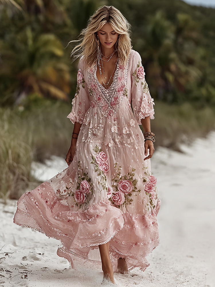 Women's Bohemian Floral Lace V-neck Maxi Dress