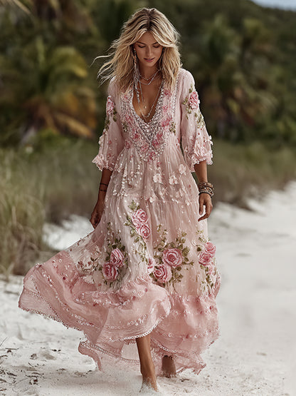 Women's Bohemian Floral Lace V-neck Maxi Dress