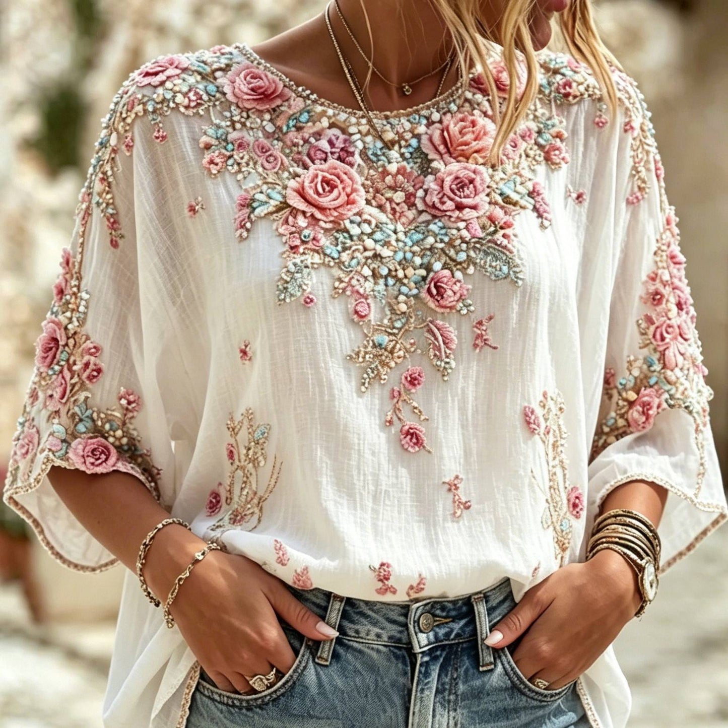 Women's Retro Bohemian Style Rose Print Comfortable Cotton Linen Top