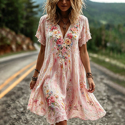 Vintage Floral And Lace Art Cotton Linen Casual V-neck Short Sleeve Dress