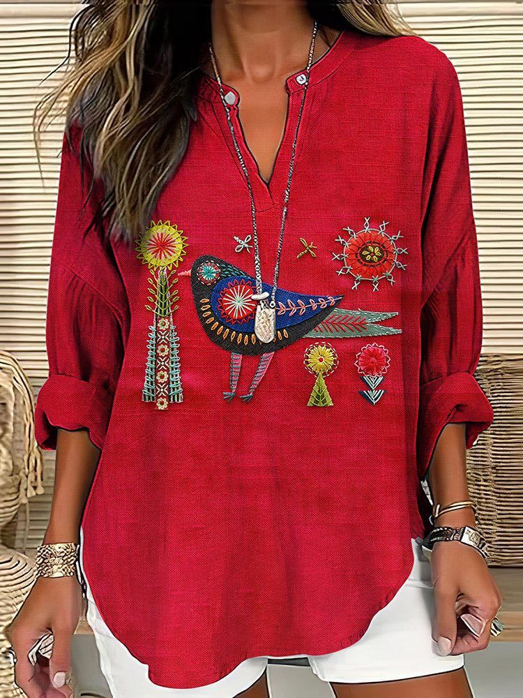 Women's Floral And Bird Embroidery Art Pattern Cotton And Linen V-neck Shirt