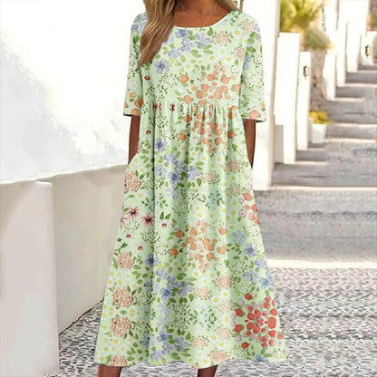 Women's Floral Print Crew Neck Linen Blend Casual Midi Dress