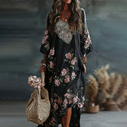 Women's Vintage Floral Art Flowy Linen Blend Casual Long Sleeve Maxi Dress
