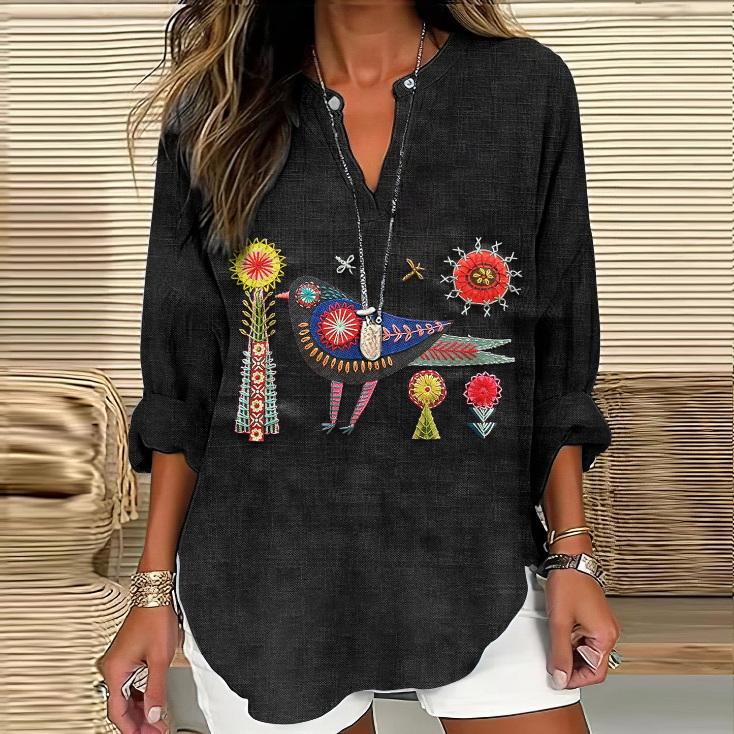 Women's Floral And Bird Embroidery Art Pattern Cotton And Linen V-neck Shirt
