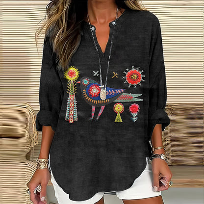 Women's Floral And Bird Embroidery Art Pattern Cotton And Linen V-neck Shirt
