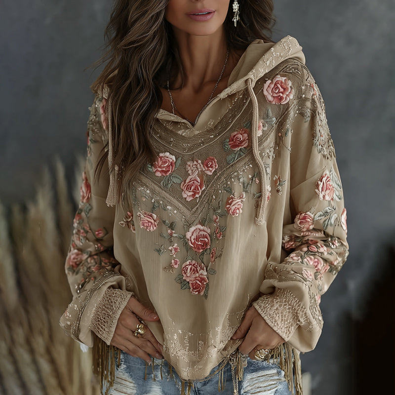 Women's Retro Floral Embroidered Art Print Flowy Linen Blend Casual Hoodie