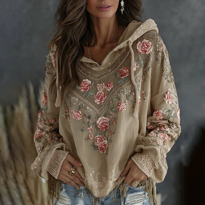 Women's Retro Floral Embroidered Art Print Flowy Linen Blend Casual Hoodie