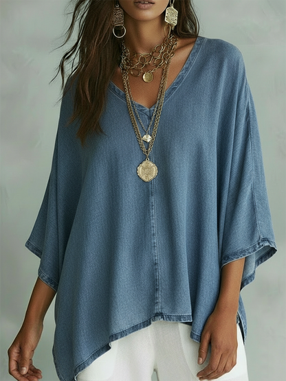🤩🤩Cozy V-neck Loose-fitting Denim Shirt Top