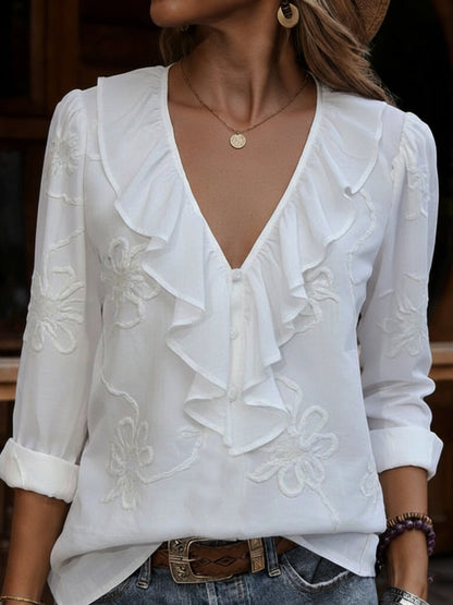 🤩🤩Vintage ruffled V-neck shirt with embroidered flowers