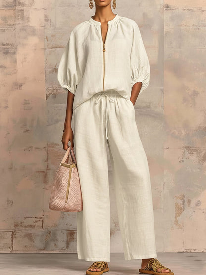 📦📦LAST DAY SAVE 49% ⏰Stylish Cozy Shirt &amp; Wide-Leg Pants Linen Cotton Two-Piece Set