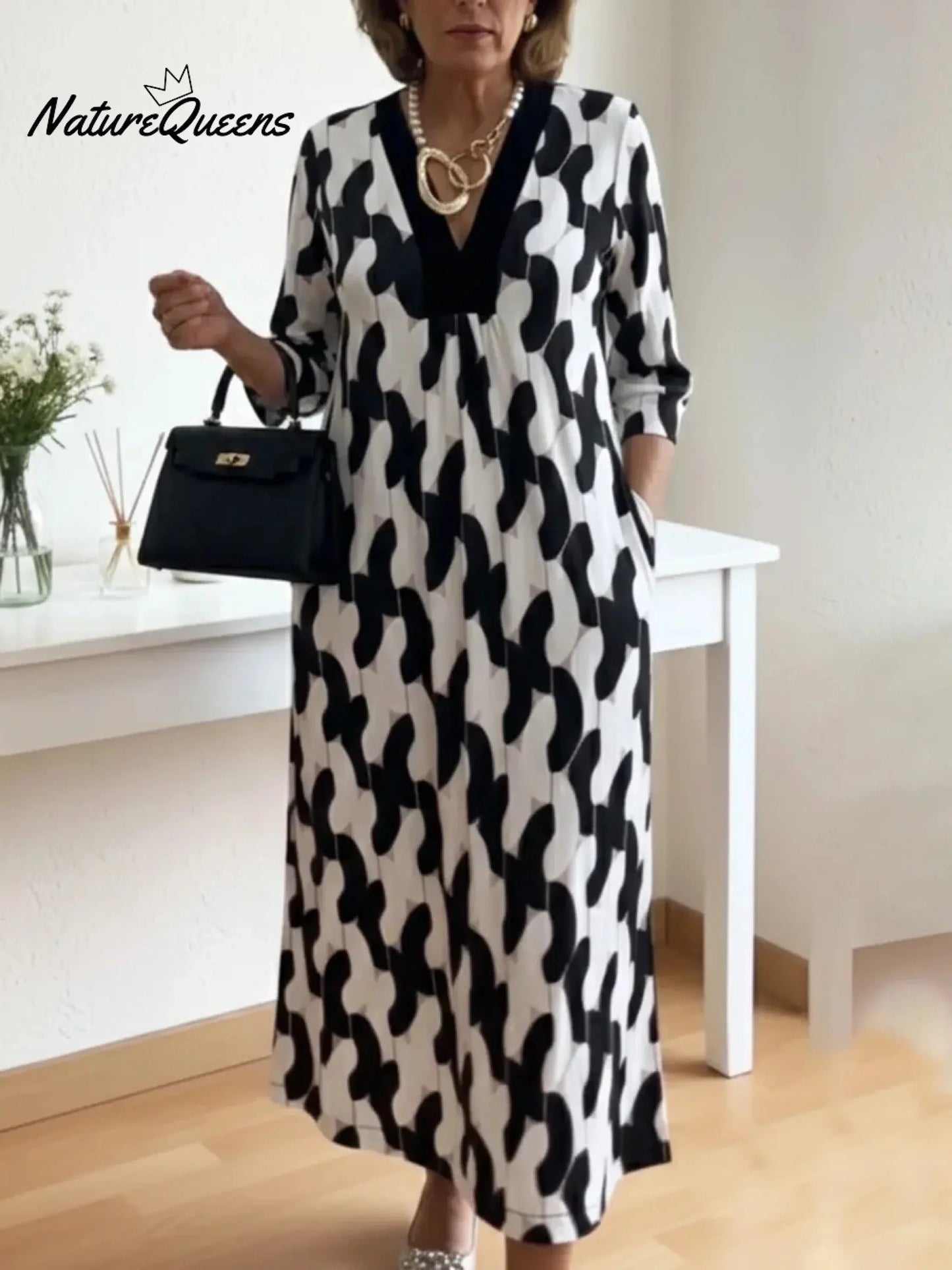 💝💝Elegant Art Print Color Block Trim V-neck Midi Dress