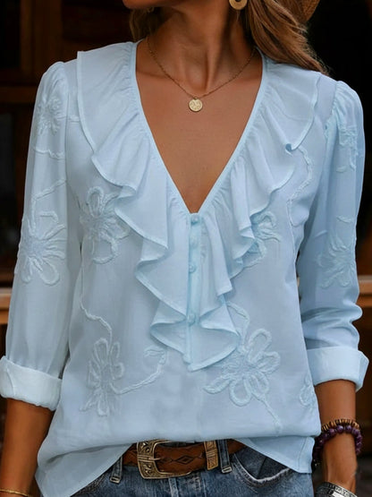🤩🤩Vintage ruffled V-neck shirt with embroidered flowers