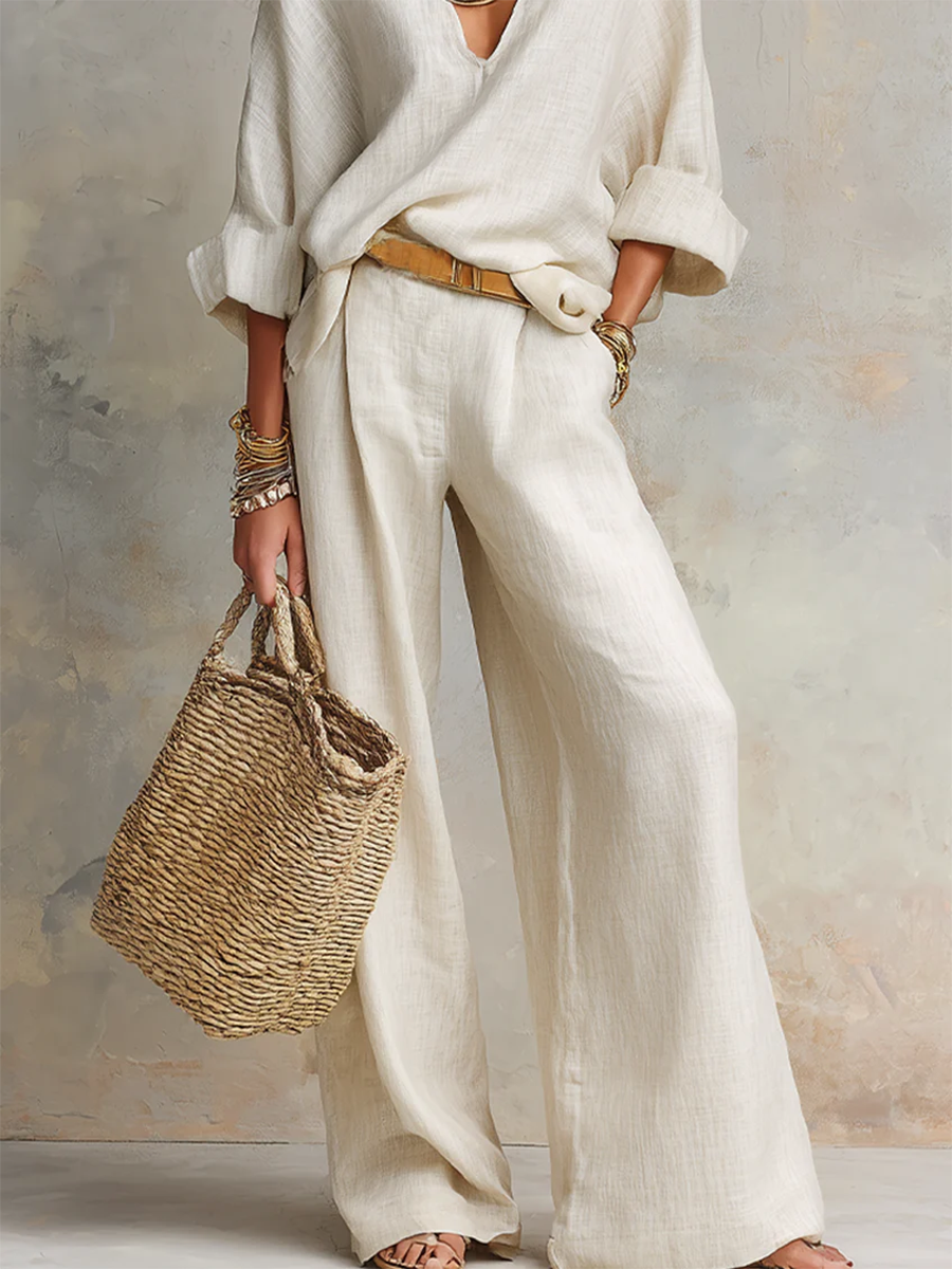 💝💝Cozy Minimalist V-neck Cotton-linen Two-piece Set