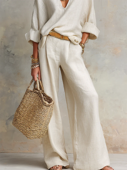 💝💝Cozy Minimalist V-neck Cotton-linen Two-piece Set