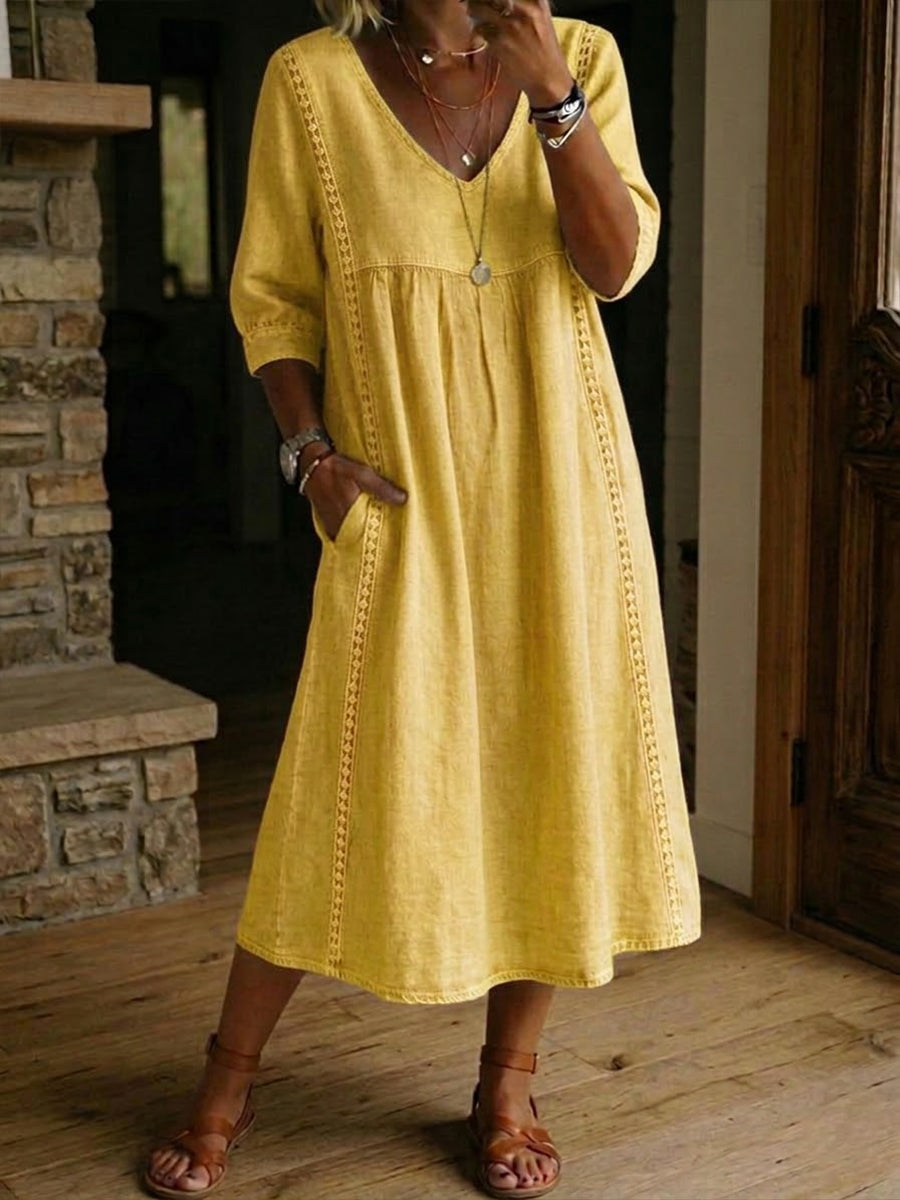 🤩🤩Casual Loose-fitting Patchwork Lace Trim Linen And Cotton Dress