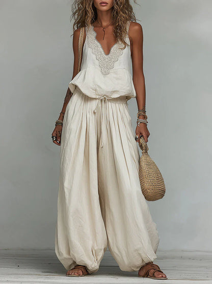 💝💝Women's Cotton-linen Embroidered Vest Lantern Wide-leg Pants