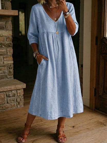 🤩🤩Casual Loose-fitting Patchwork Lace Trim Linen And Cotton Dress