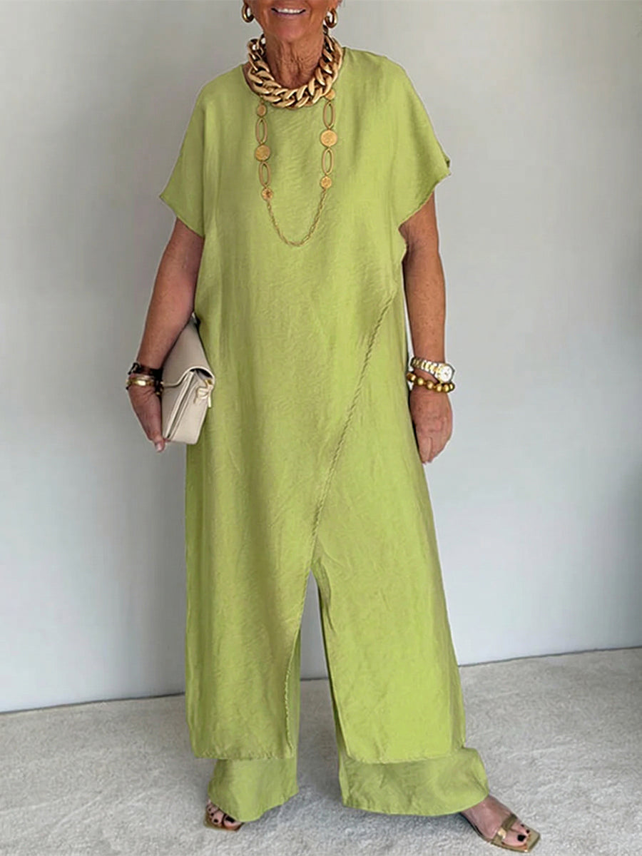 🤩🤩Women's Cozy Loose Fit Asymmetrical Two-Piece Set - Casual Retro Cotton Blend Outfit