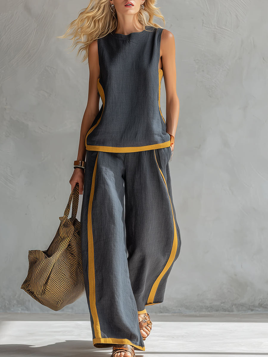 🤩🤩Women's Round Neck Sleeveless Casual Loose Top And High-waisted Loose Wide-leg Pants Cotton And Linen Set.