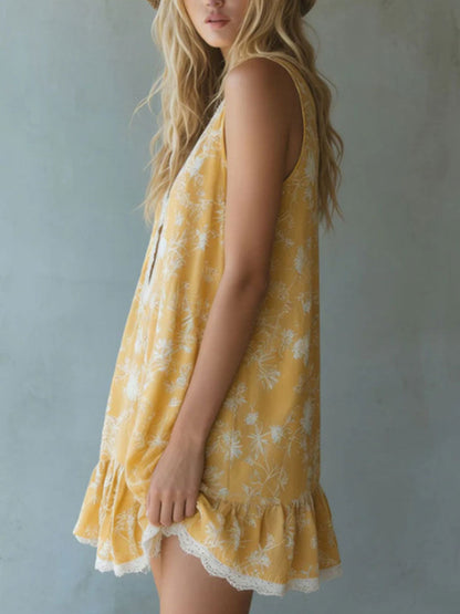 💝💝Women's Yellow Printed Silk-blend Sleeveless Mini Dress With Lace Trim And V-neck