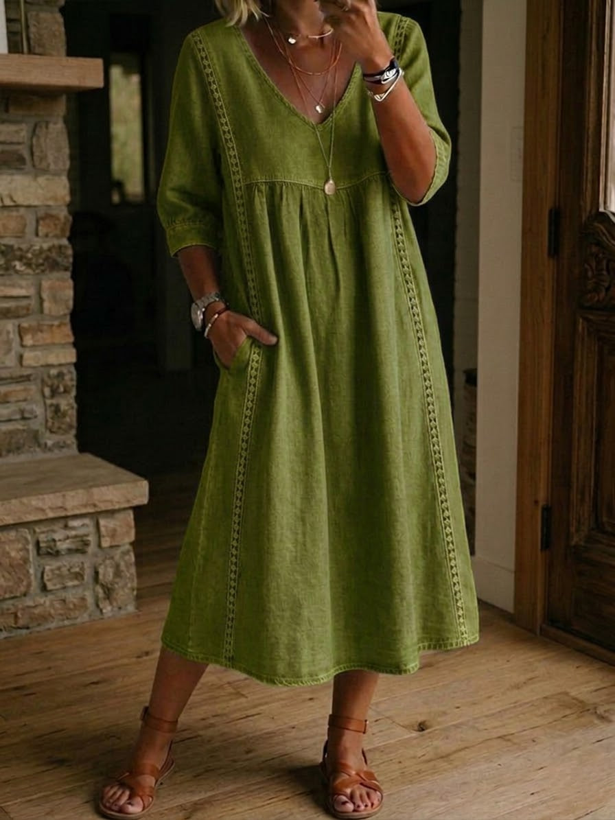 🤩🤩Casual Loose-fitting Patchwork Lace Trim Linen And Cotton Dress