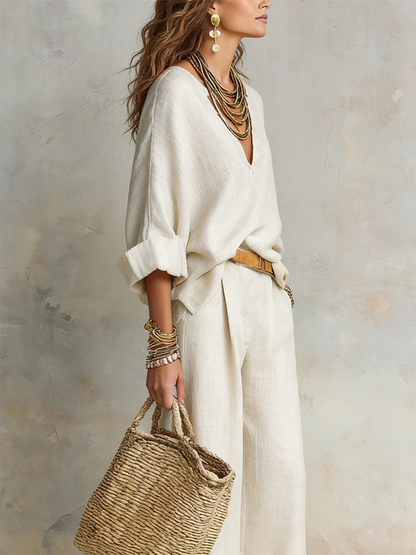 💝💝Cozy Minimalist V-neck Cotton-linen Two-piece Set