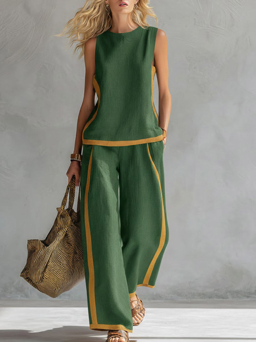 🤩🤩Women's Round Neck Sleeveless Casual Loose Top And High-waisted Loose Wide-leg Pants Cotton And Linen Set.