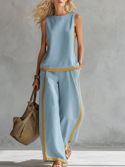 🤩🤩Women's Round Neck Sleeveless Casual Loose Top And High-waisted Loose Wide-leg Pants Cotton And Linen Set.