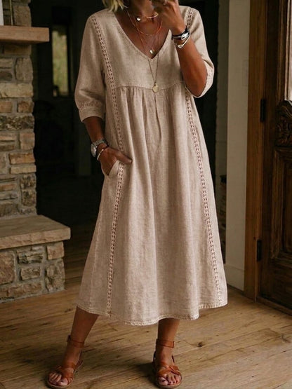 🤩🤩Casual Loose-fitting Patchwork Lace Trim Linen And Cotton Dress