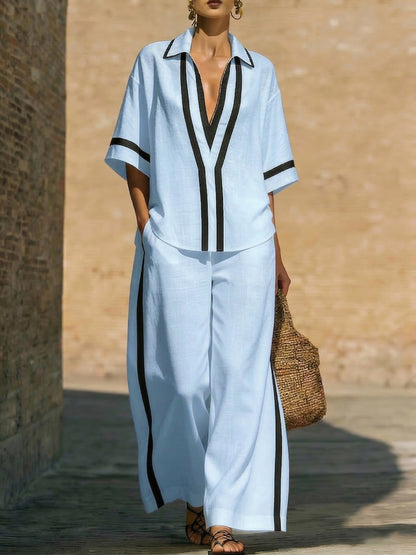 🤩🤩Stylish Trimmed Edge Color-blocked Cotton Linen Two-piece Set