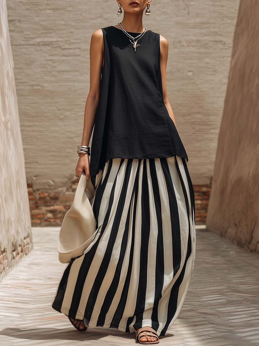 📦📦LAST DAY SAVE 49% ⏰Vacation Cozy Top And Artistic Striped Skirt Linen Cotton Two-piece Set